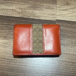 Vintage Coach Orange Red Leather Wallet with Signature C Canvas Stripe